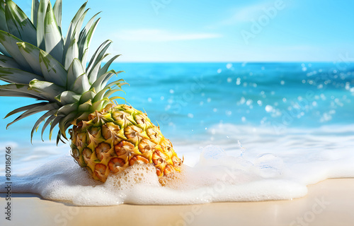 pineapple fruits on white beach sand over blue transparent ocean
