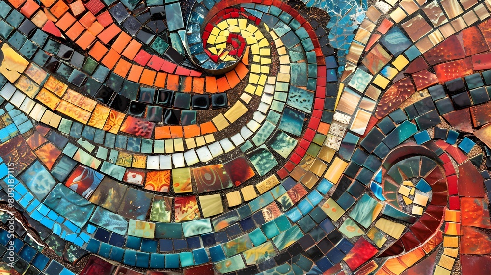 Fototapeta premium Detailed close-up of a vibrant mosaic tile, showcasing intricate patterns and colors merging together in a mesmerizing display