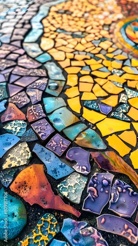 Detailed close-up of a vibrant mosaic tile  showcasing intricate patterns and colors merging together in a mesmerizing display