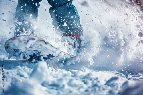 Person standing on snowboard on snowy terrain, A close-up of dynamic snowboarder and their board cutting through powdery snow photo