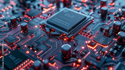 Advanced microprocessor embedded in a high-tech circuit board with glowing red pathways.
