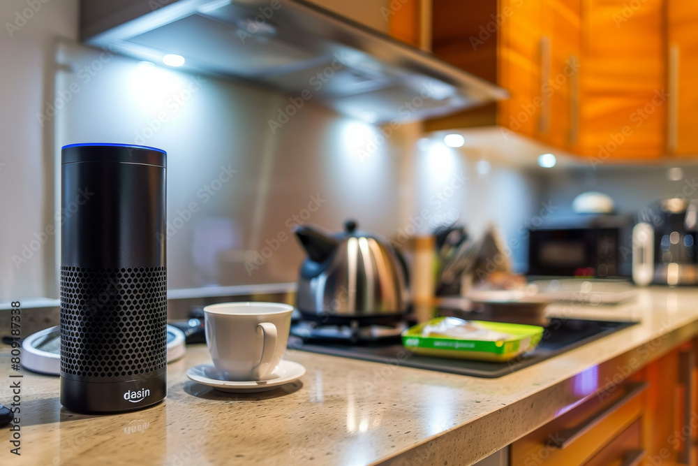 A kitchen counter with an amazon speaker on it A kitchen counter with an amazon speaker on it