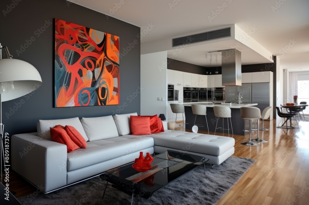 Elegant contemporary living room featuring an abstract painting, a stylish sofa set, and a sleek kitchen area Elegant contemporary living room featuring an abstract painting, a stylish sofa set, and a sleek kitchen area