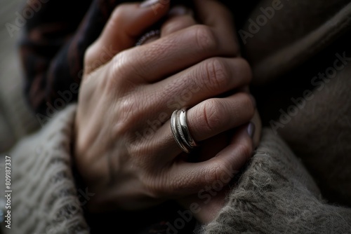 Close-up view of intertwined fingers with a wedding band  A close-up of intertwined fingers with wedding bands