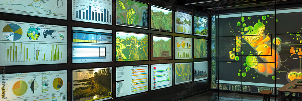 Environmental Scientist's Wall: Displaying maps of environmental data, images of ecosystems, and a whiteboard with research plans