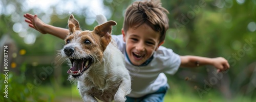 Boy running with Jack Russell Terrier in park. Candid outdoor photography. Family and pets concept. photo