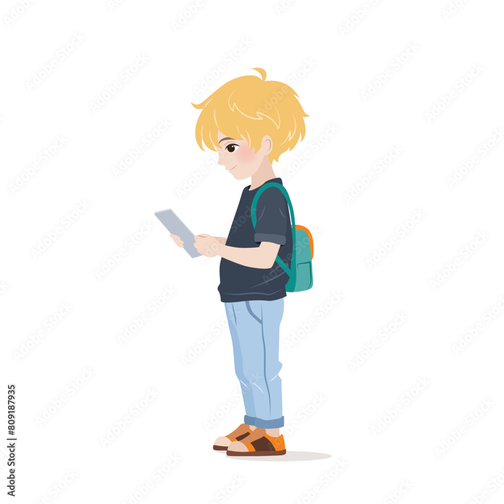 Little boy in casual clothing standing and using his tablet. Male character holding gadget in his hands and reading messages, scrolling social media. isolated vector illustration on white background. Little boy in casual clothing standing and using his tablet. Male character holding gadget in his hands and reading messages, scrolling social media. isolated vector illustration on white background.