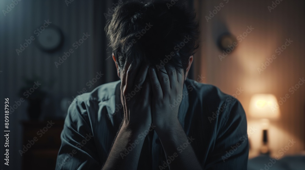 Young Man Distressed in Dimly Lit Room Covering Face with Hands Young Man Distressed in Dimly Lit Room Covering Face with Hands