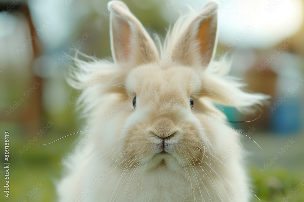 Close-up of a fluffy white rabbit in a field, looking around, A close-up shot of a fluffy white rabbit looking directly at the camera