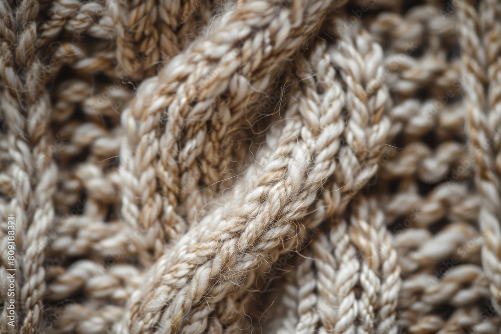 Detailed view of interwoven knitted wool fabric, showing intricate textures and patterns, A close-up view of a knitted wool texture with visible stitches Detailed view of interwoven knitted wool fabric, showing intricate textures and patterns, A close-up view of a knitted wool texture with visible stitches