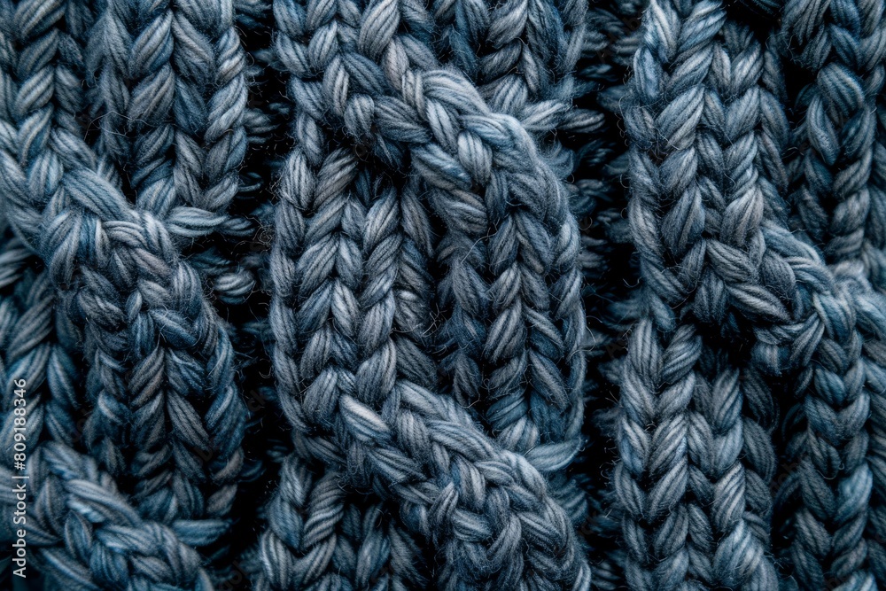 Detailed view of a blue knitted fabric showcasing its intricate texture and pattern, A close-up view of a knitted wool texture with visible stitches Detailed view of a blue knitted fabric showcasing its intricate texture and pattern, A close-up view of a knitted wool texture with visible stitches