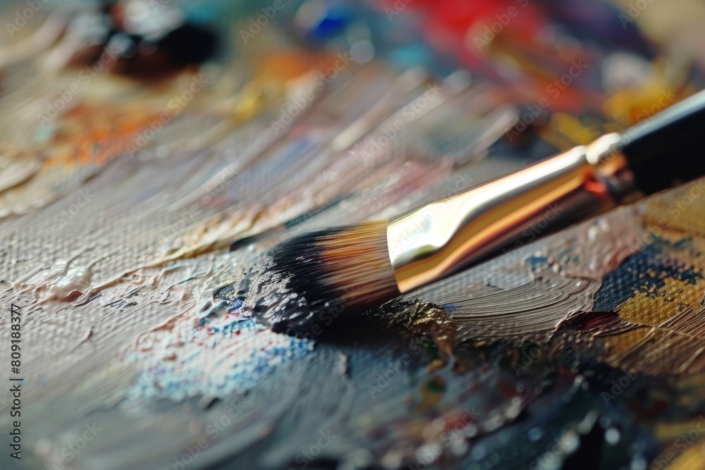 Detailed view of a makeup brush delicately applying paint on a piece of artwork, A close-up view of a makeup brush with a black handle in the midst of creating art