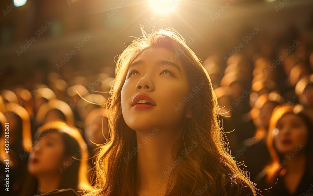 A woman stands confidently before a large crowd of people, who are looking towards her A woman stands confidently before a large crowd of people, who are looking towards her