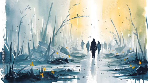 A watercolor painting of a somber group of people departing into an empty, war-torn landscape, their figures fading into a distant, misty horizon under a gloomy sky.