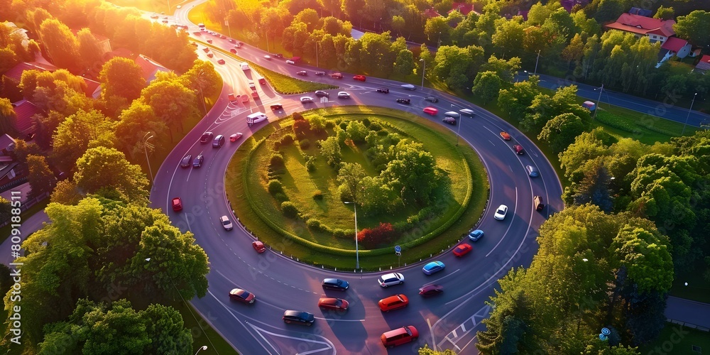 Vehicles navigating a traffic circle on a rural road from an aerial perspective. Concept Aerial View, Traffic Circle, Rural Road, Vehicles, Transportation