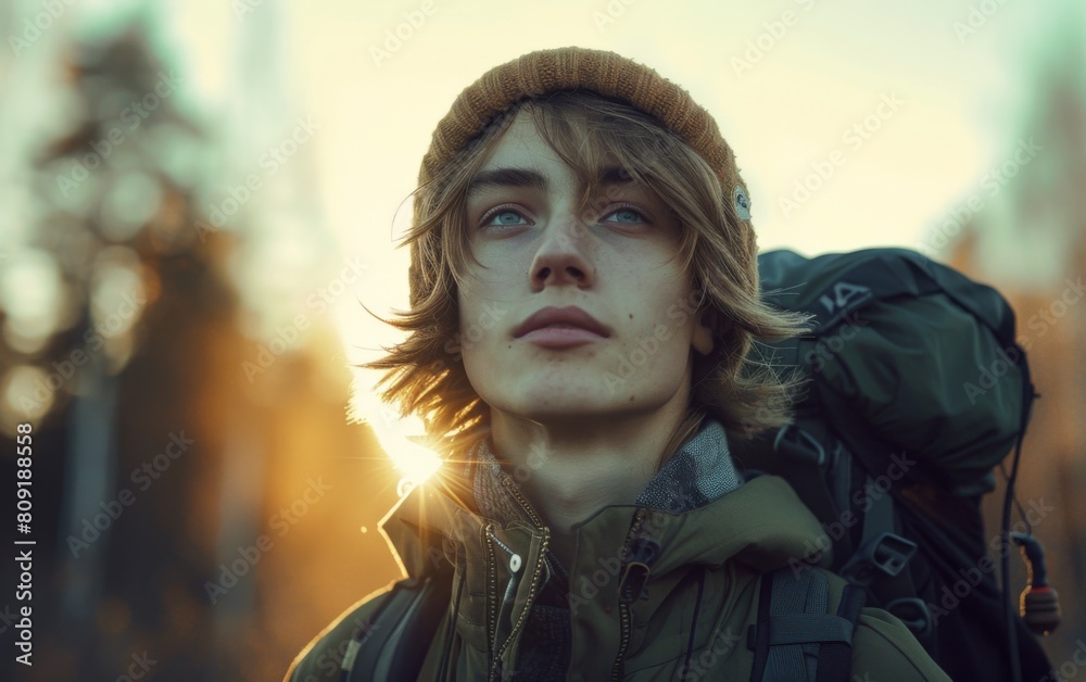 A man standing outdoors with a backpack on, gazing upward at the sky A man standing outdoors with a backpack on, gazing upward at the sky