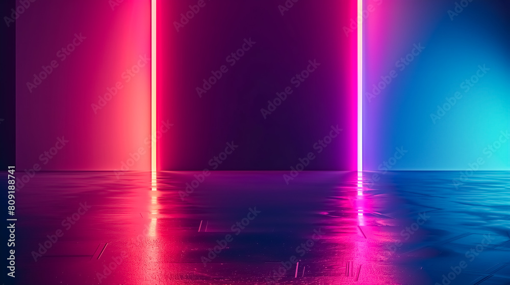 Fototapeta premium Empty dark room with neon lights, copy space
