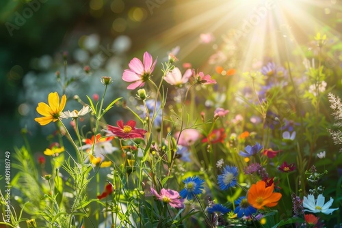 A field of colorful wildflowers with the sun shining in the background, A cluster of colorful wildflowers blooming in the sunlight © Iftikhar alam