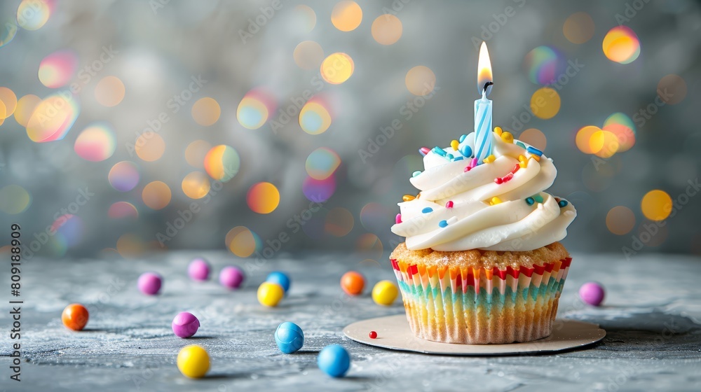 A cupcake topped with white frosting, a lit candle, and surrounding colorful candies A cupcake topped with white frosting, a lit candle, and surrounding colorful candies