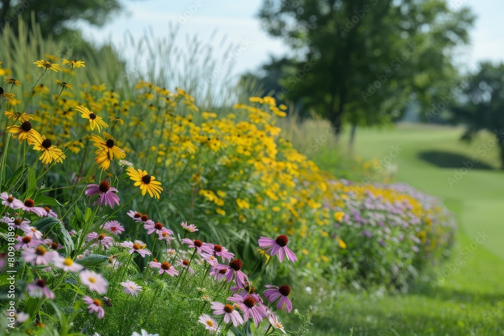 Obraz premium A vibrant field of wildflowers adjoins a golf course, adding color and beauty to the landscape, A cluster of vibrant wildflowers lining the edge of the course