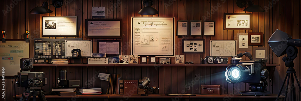 Film Director's Wall: Adorned with storyboards, film posters, and a shelf with camera equipment Film Director's Wall: Adorned with storyboards, film posters, and a shelf with camera equipment