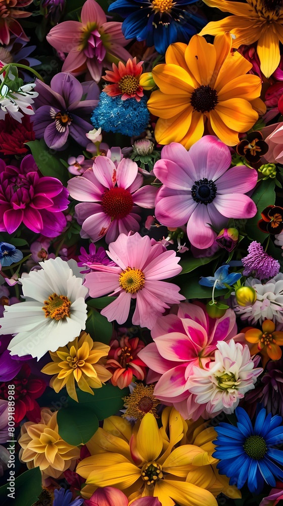 colorful diverse assortment of flowers, showcasing a beautiful array of petals, stems, and leaves