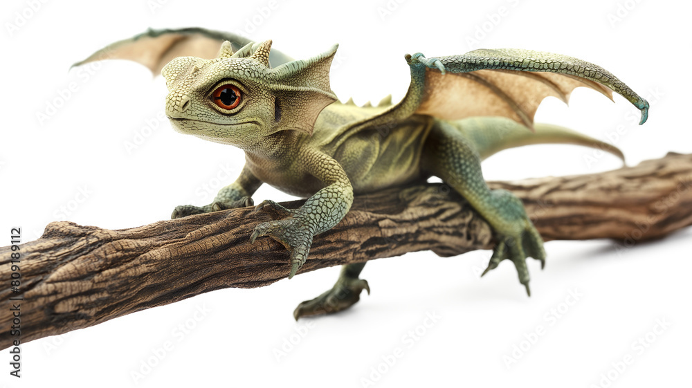Adorable Baby Dragon on Oak Tree Branch isolated on a transparent background