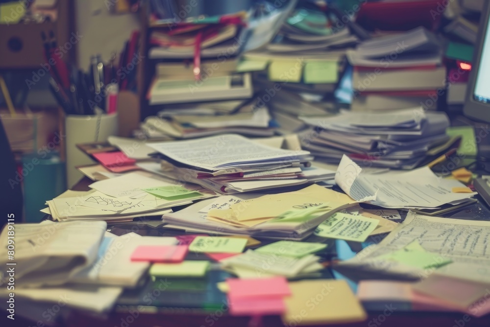 A disorganized desk cluttered with papers and a computer, A cluttered desk covered in papers and sticky notes