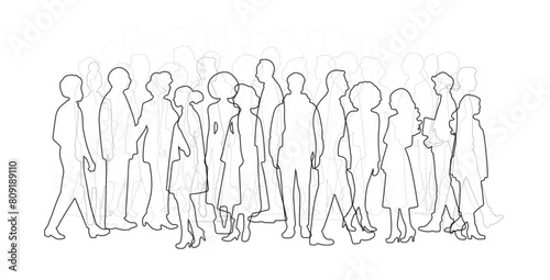 Abstract people silhouettes. Thin line draw vector illustration. Diverse crowd. Community, society, different personalities and cultures make population. Multicultural, International rights concept.