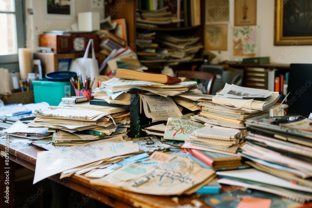 A cluttered desk with a disorganized pile of various papers on top of a wooden table, A cluttered desk with scattered papers and files A cluttered desk with a disorganized pile of various papers on top of a wooden table, A cluttered desk with scattered papers and files