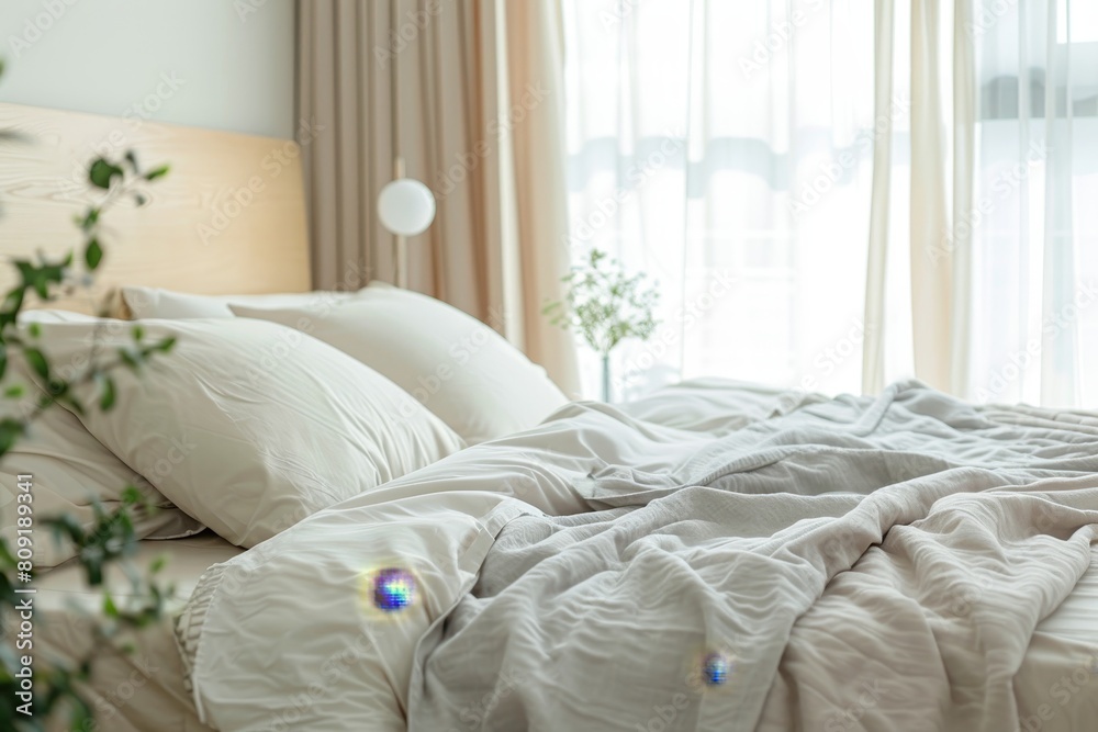 This image showcases a well-made bed with a white comforter and multiple pillows in a clutter-free and organized bedroom, A clutter-free and organized bedroom with crisp linens and neatly made beds