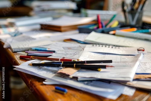 A cluttered desk with numerous papers scattered around along with various pens in disarray, A cluttered desk with scattered papers and pens