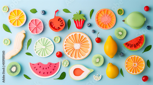 This playful arrangement of summer fruit cutouts symbolizes a fun vacation or holiday, creating a festive party atmosphere perfect for the season