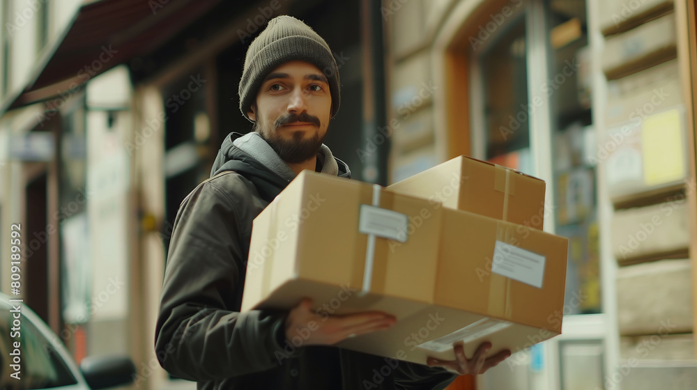 A person delivers boxes with a determined expression, captured in crisp detail by an HD camera. 