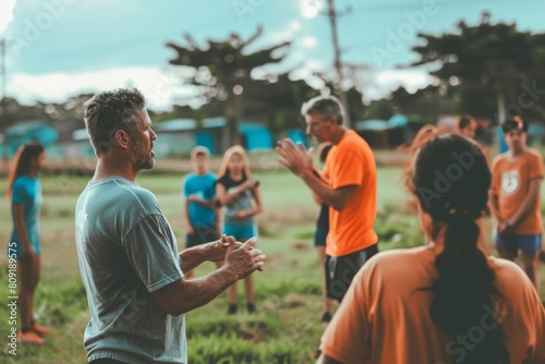 A coach instructing a team of individuals standing in a field, discussing strategies and plans, A coach giving instructions to their team