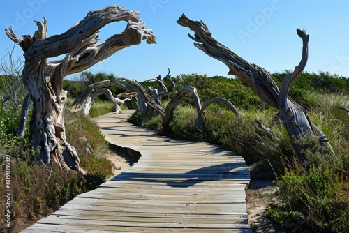 A wooden path winding through a grassy area with dead trees in a coastal setting, A coastal boardwalk with sandy dunes and sculptural driftwood installations