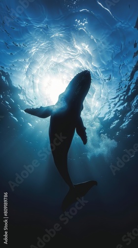 Humpback whale silhouette underwater with sun rays © cac_tus