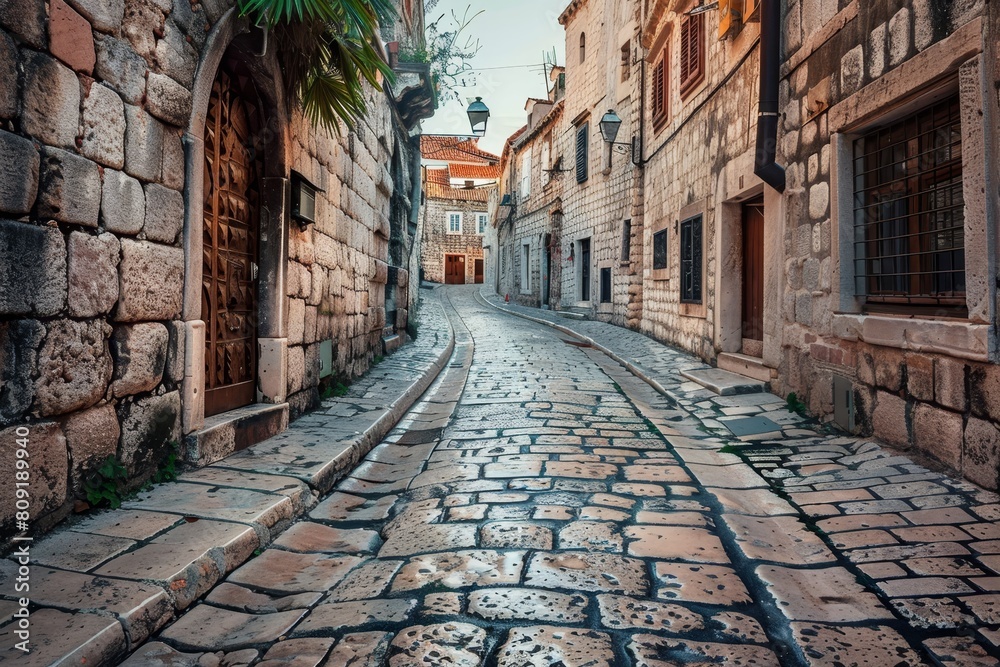 Fototapeta premium Cobblestone street with a lone palm tree in the center of the road, A cobblestone road winding through historic architecture
