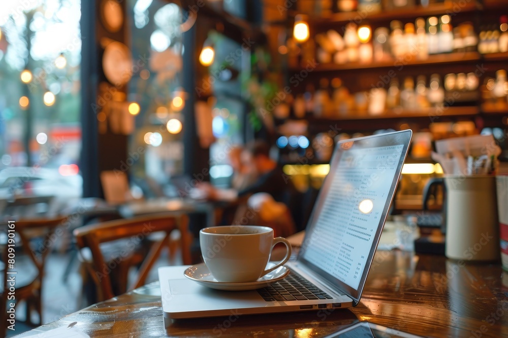 A laptop computer placed on a wooden table in a coffee shop setting, A coffee shop scene with a laptop open to a research paper A laptop computer placed on a wooden table in a coffee shop setting, A coffee shop scene with a laptop open to a research paper