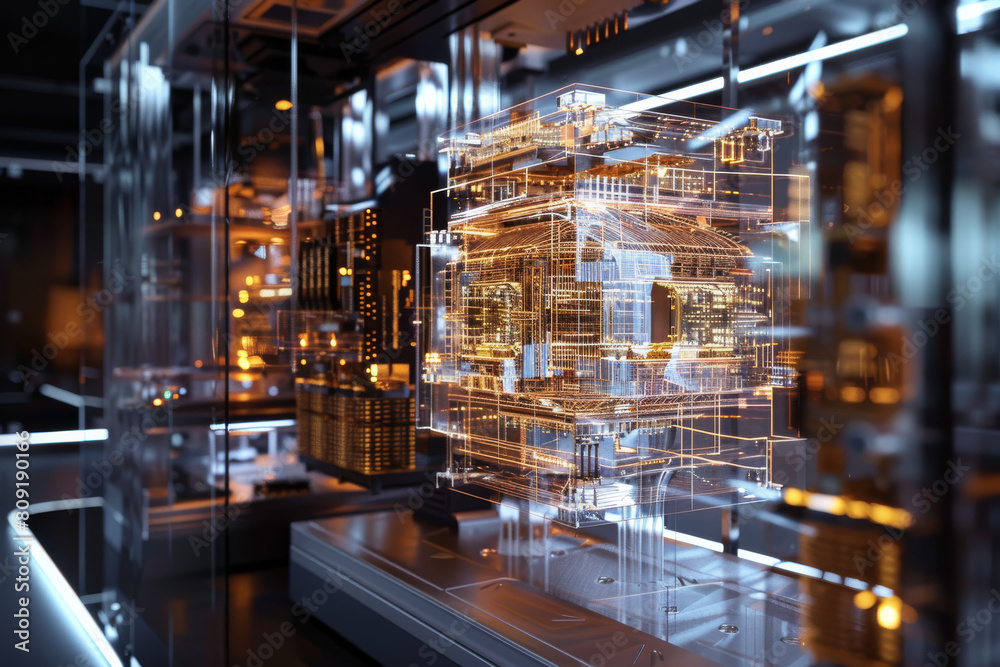 A model of a building is displayed in a glass case A model of a building is displayed in a glass case