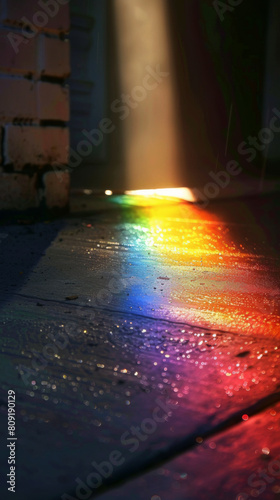 Rainbow colors reflecting on a wet urban sidewalk