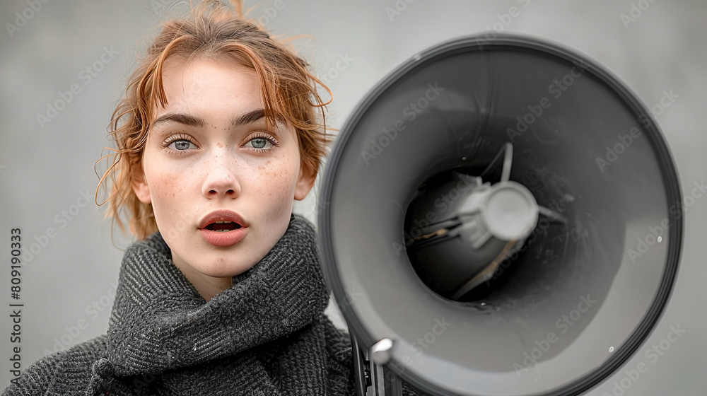 Feminist with a megaphone at a protest. Women's protest for rights and equality Feminist with a megaphone at a protest. Women's protest for rights and equality