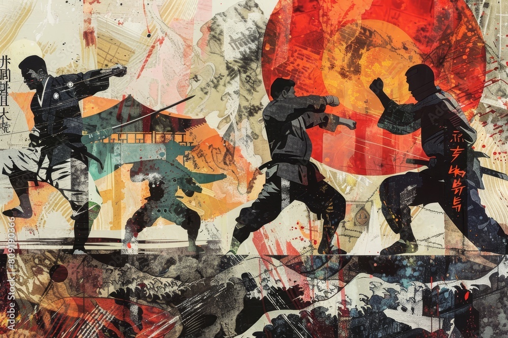 Artwork depicting two people engaged in a sword fight, A collage artwork inspired by different martial arts styles from around the world