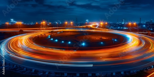 Aerial View of Illuminated Roundabout on Bangkok Expressway Highway Motorway at Night. Concept Night Photography, Cityscape, Aerial View, Light Trails, Urban Landscape © Ян Заболотний