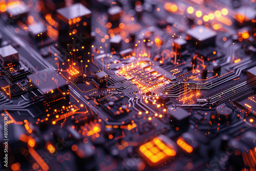 A close up of a computer motherboard with orange lights coming out of it