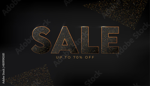 Sale text template, shop online, black friday, dicount season. Banner, advertising. Social media frame, sell background for business in black and gold photo