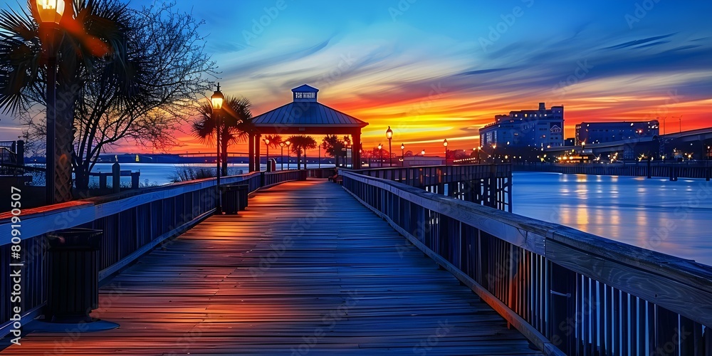 Sunset at the Scenic Cape Fear Riverwalk in Wilmington, North Carolina, USA. Concept Landscape Photography, Sunset Views, Riverwalk Serenity, Wilmington Attractions, North Carolina Beauty