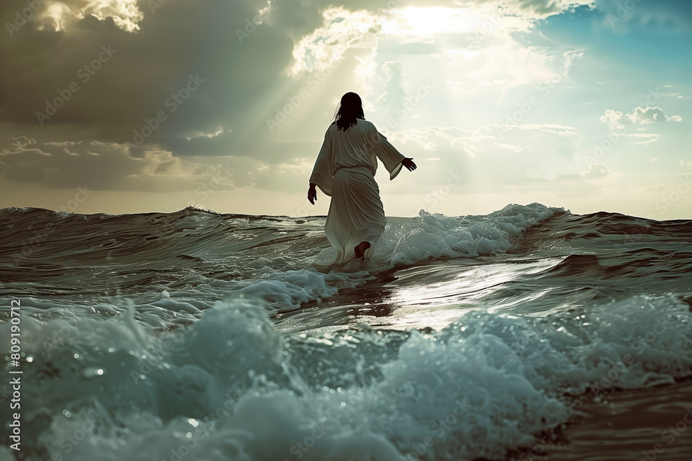 Jesus walking on water biblical conceptual theme. Religious concept.