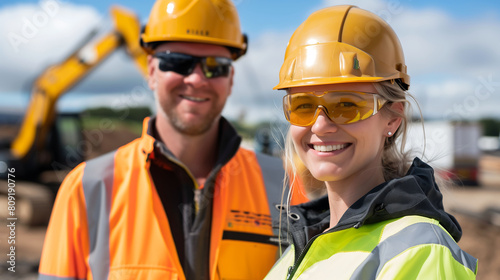On a sunny construction site, a male and female civil engineer pose for a professional headshot, both smiling confidently at the camera. Heavy machinery works in the background.
