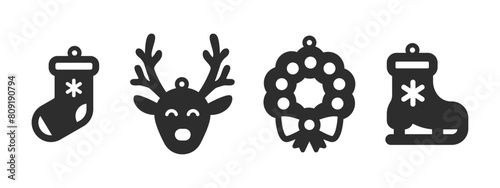 Set of Christmas designs for earrings, pendant or keychain with sock, reindeer, wreath and ice skates. Jewelry silhouette cut template. Laser cutting with leather, wood or metal. Vector stencils